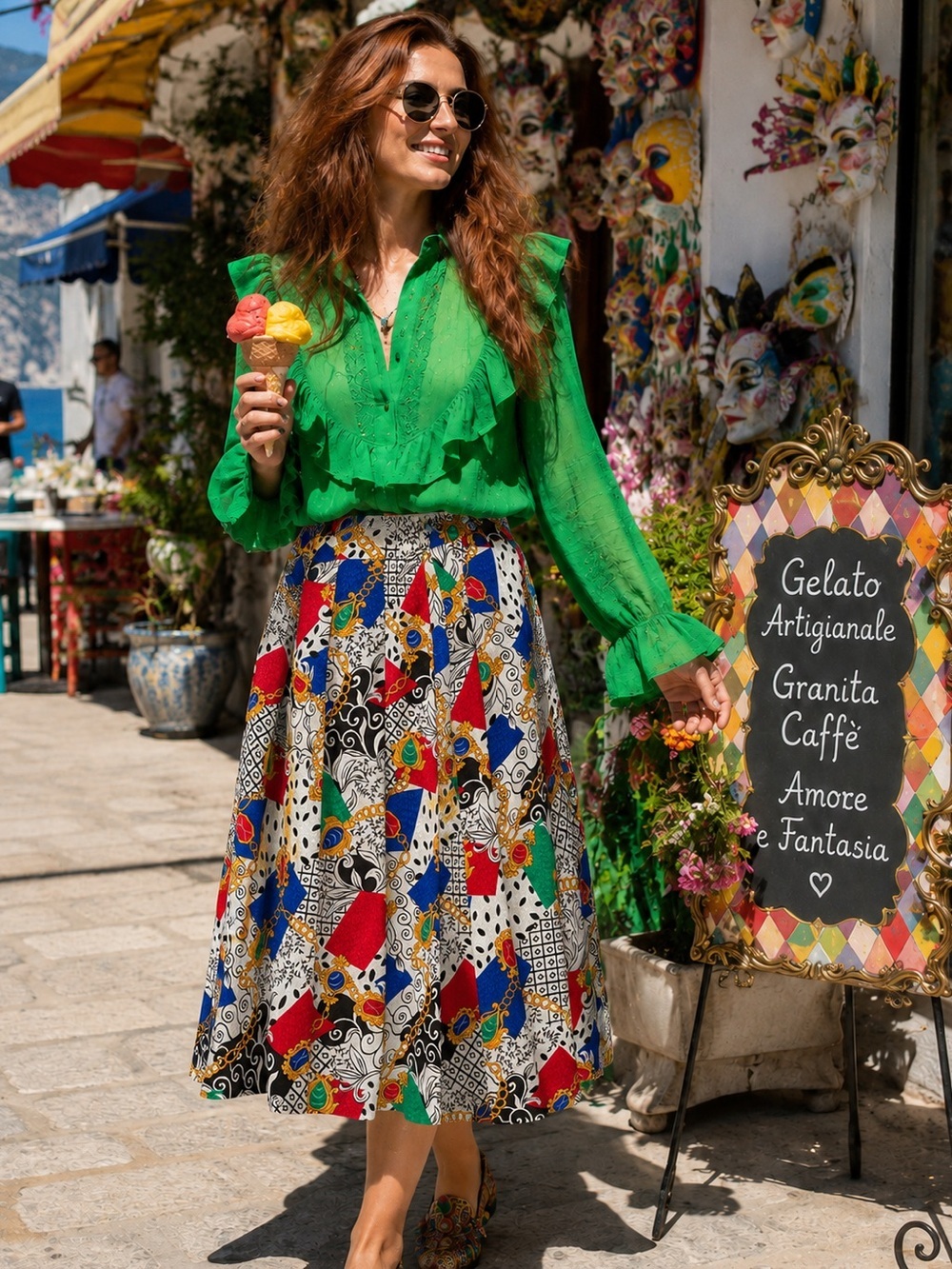 Vintage 1970s–80s Statement Print Pleated Midi Skirt – Size S